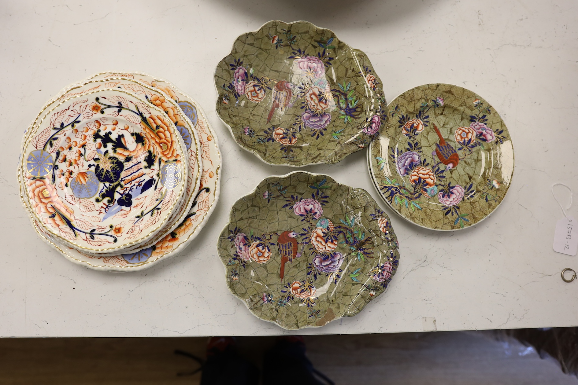 Two pairs of Spode floral and avian decorated dishes and six Derby dishes. Condition - poor